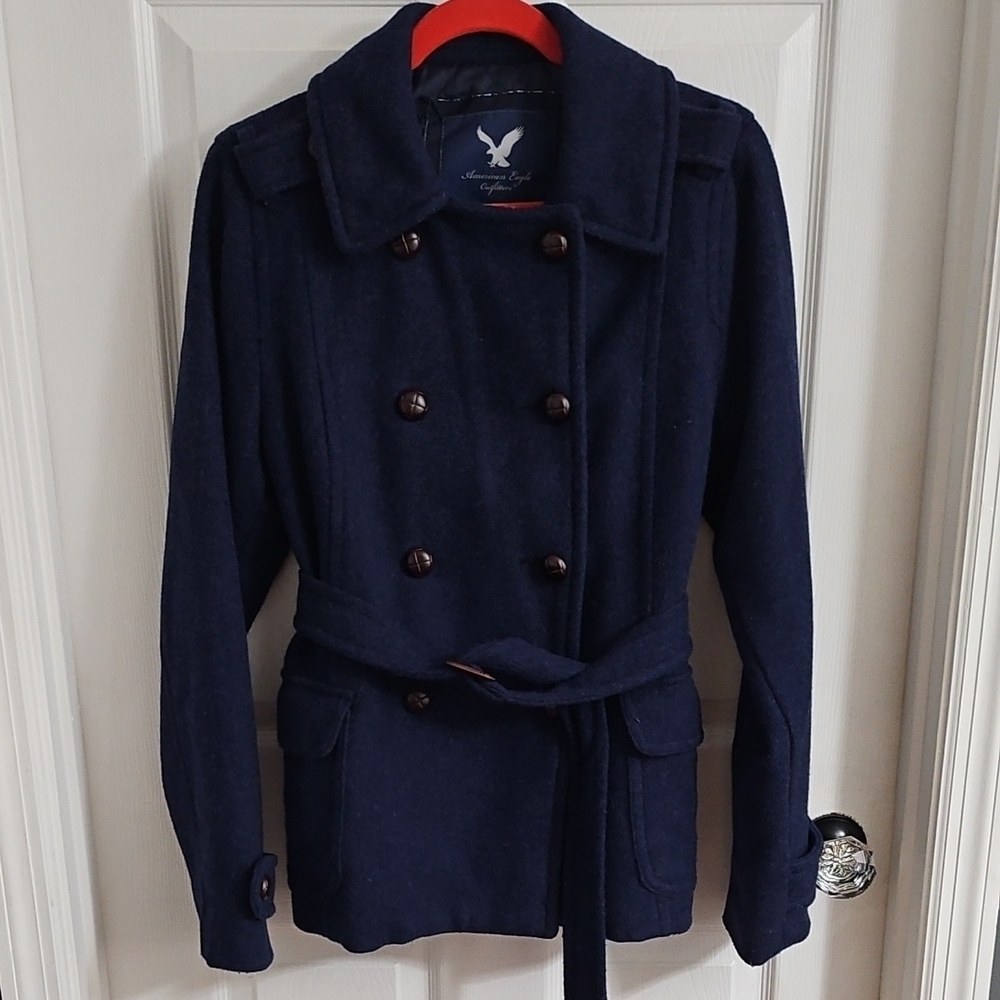 Vintage American Eagle Outfitters Women's Dark Blue Peacoat - Picture 2 of 11